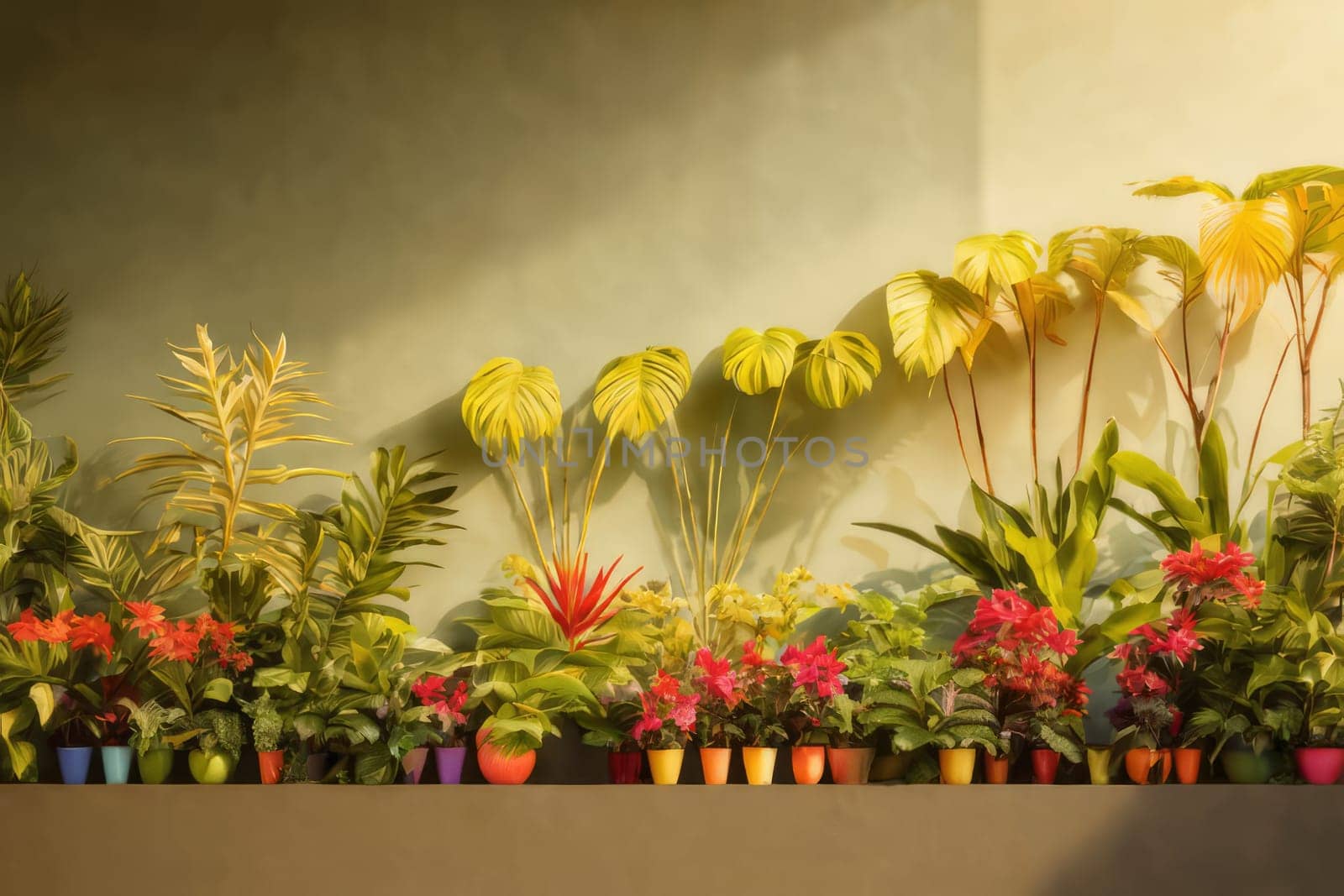 Behold a vibrant row of tropical plants showcased in multicolored pots against a striking blue wall, emanating a burst of lively colors and natural beauty
