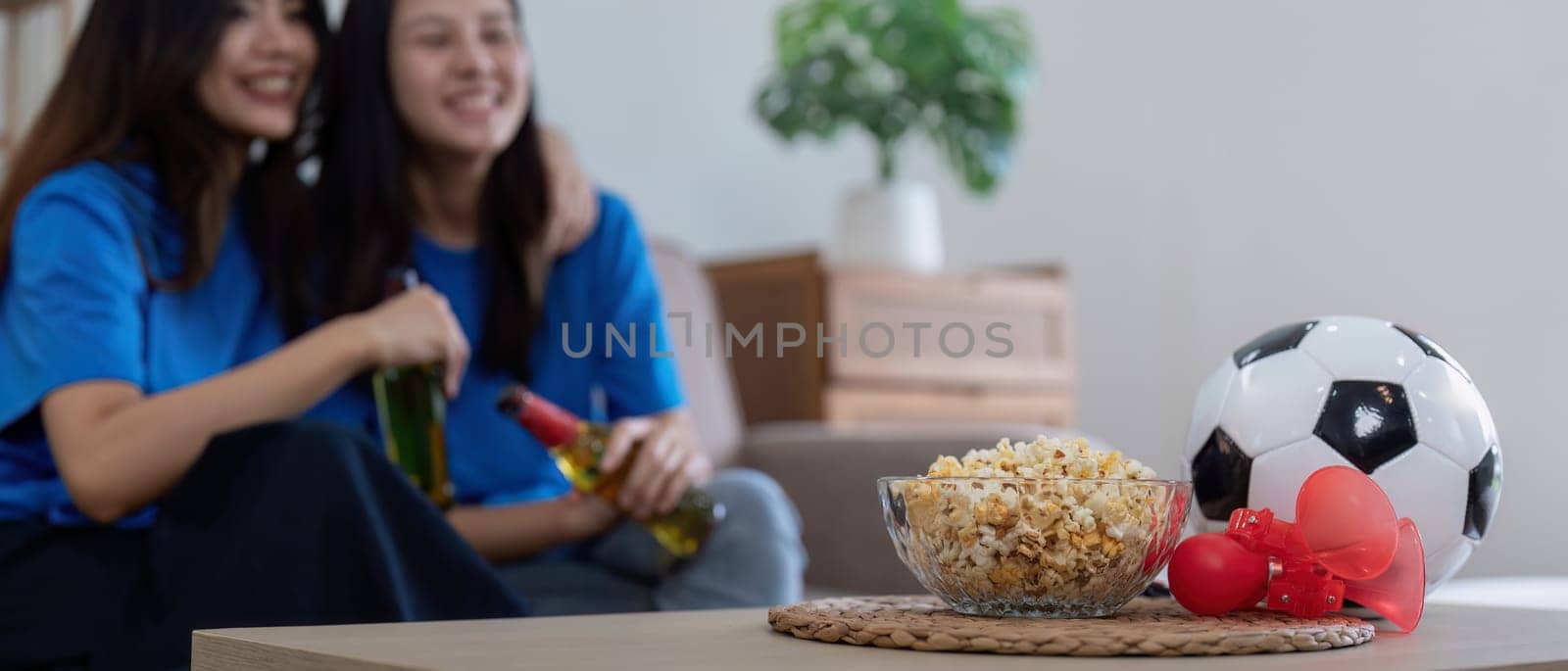 Lesbian couple watching Euro football match at home. Concept cheer and football.