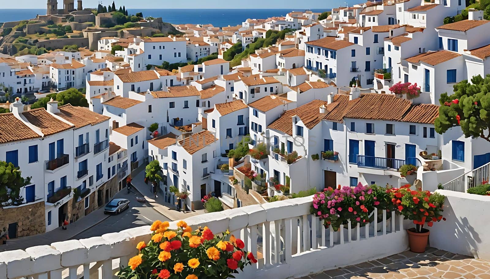 The image shows a town with white buildings and red roofs under a clear sky. The buildings are clustered together, creating a harmonious townscape. The red roofs stand out against the white facades, adding a pop of color to the scene.