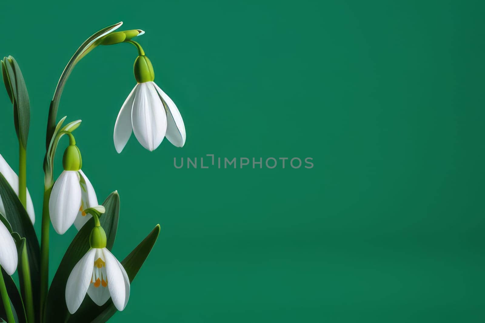 Blooming snowdrops on a green background. White spring flowers