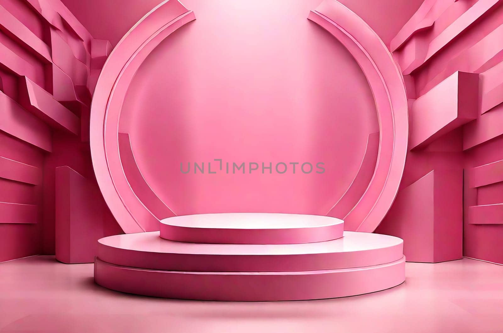 three-dimensional pink realistic product podium in rays of light on a monochrome background