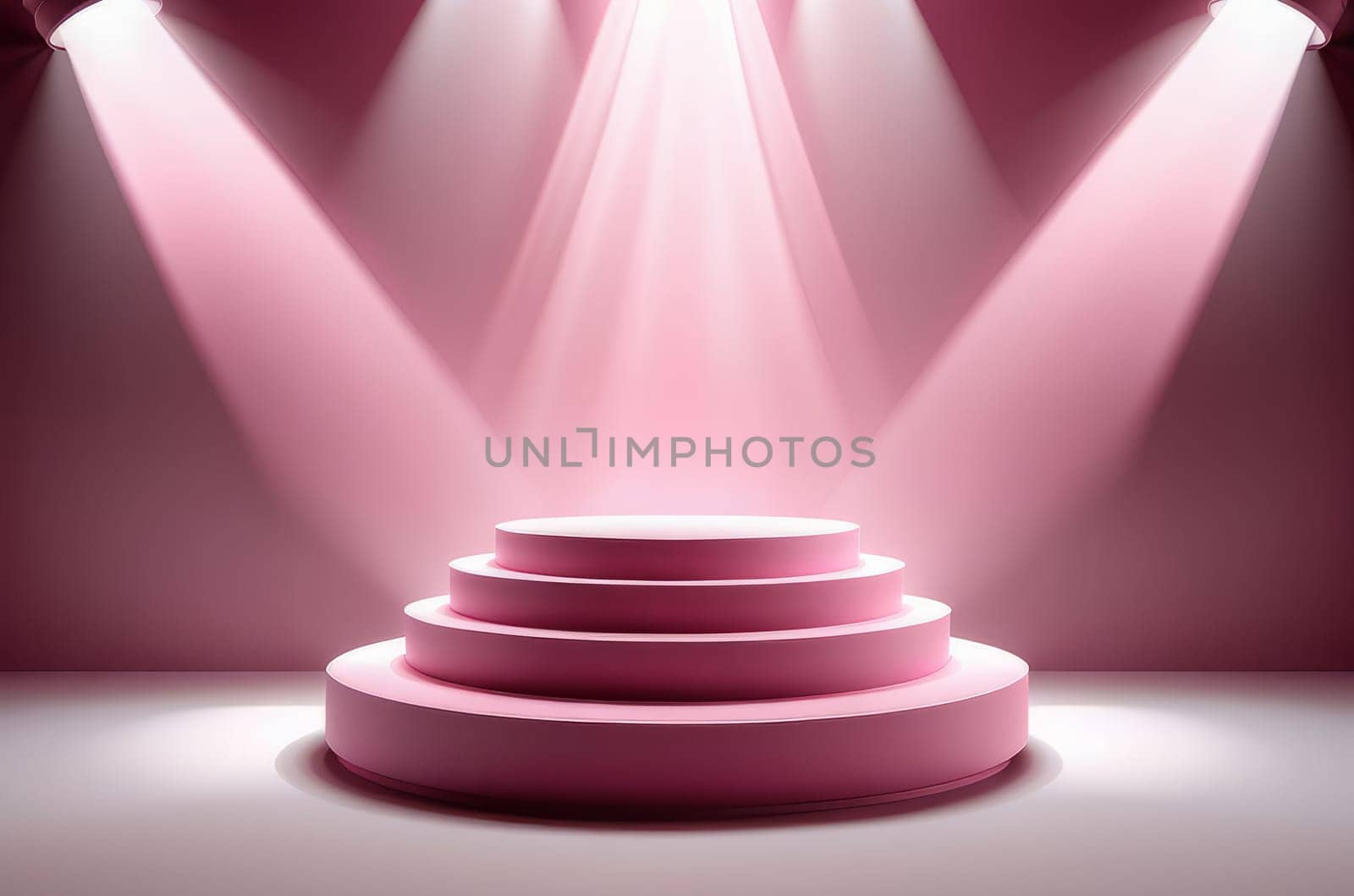 three-dimensional pink realistic product podium in rays of light on a monochrome background