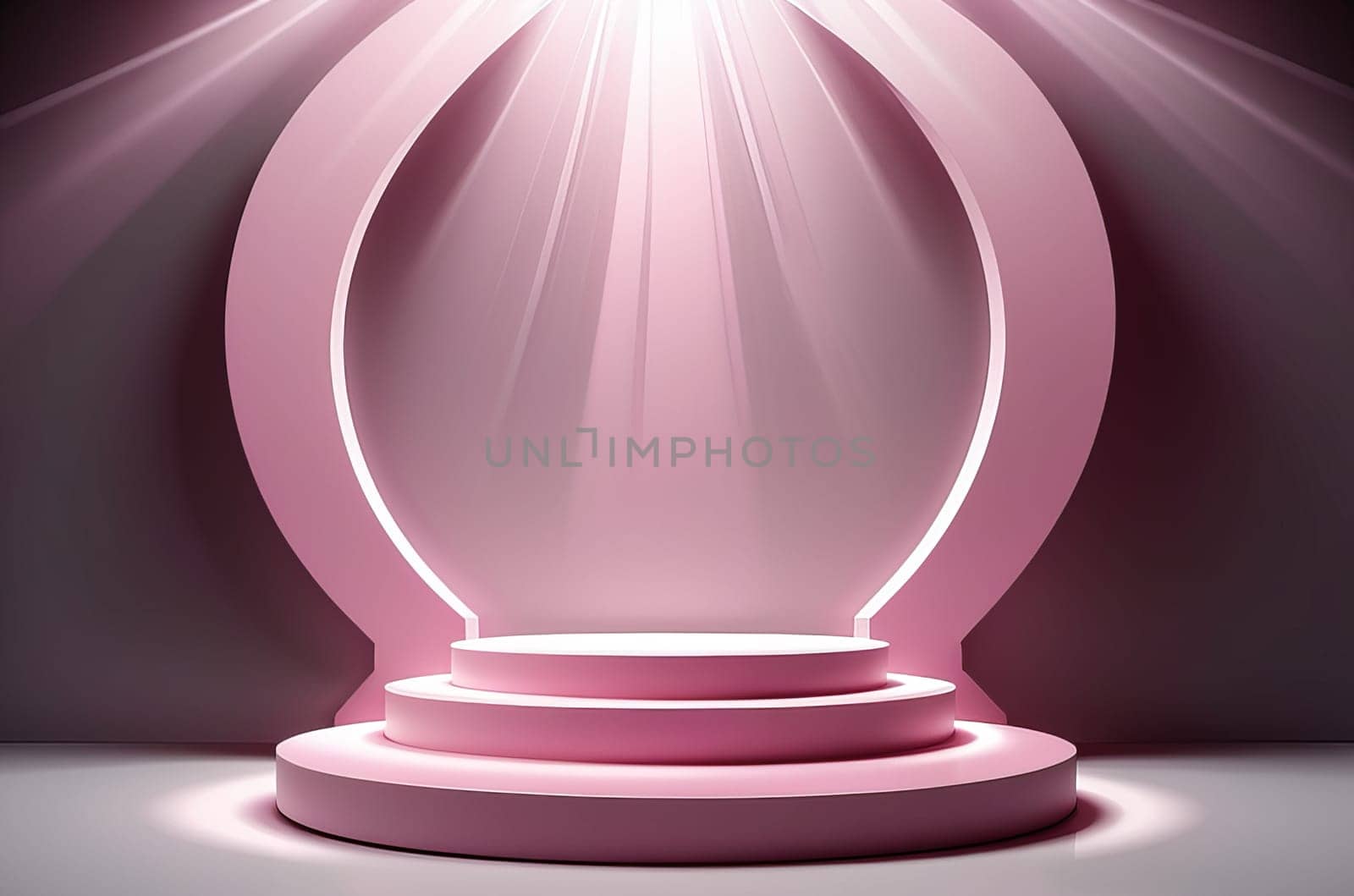 three-dimensional pink realistic product podium in rays of light on a monochrome background