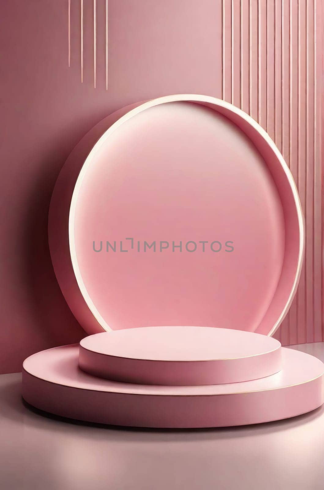 three-dimensional pink realistic product podium in rays of light on a monochrome background
