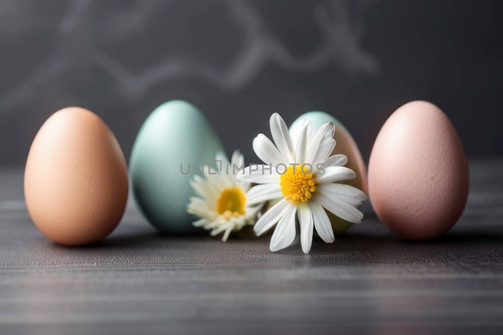 Colorful Easter eggs and blooming flowers on light gray background