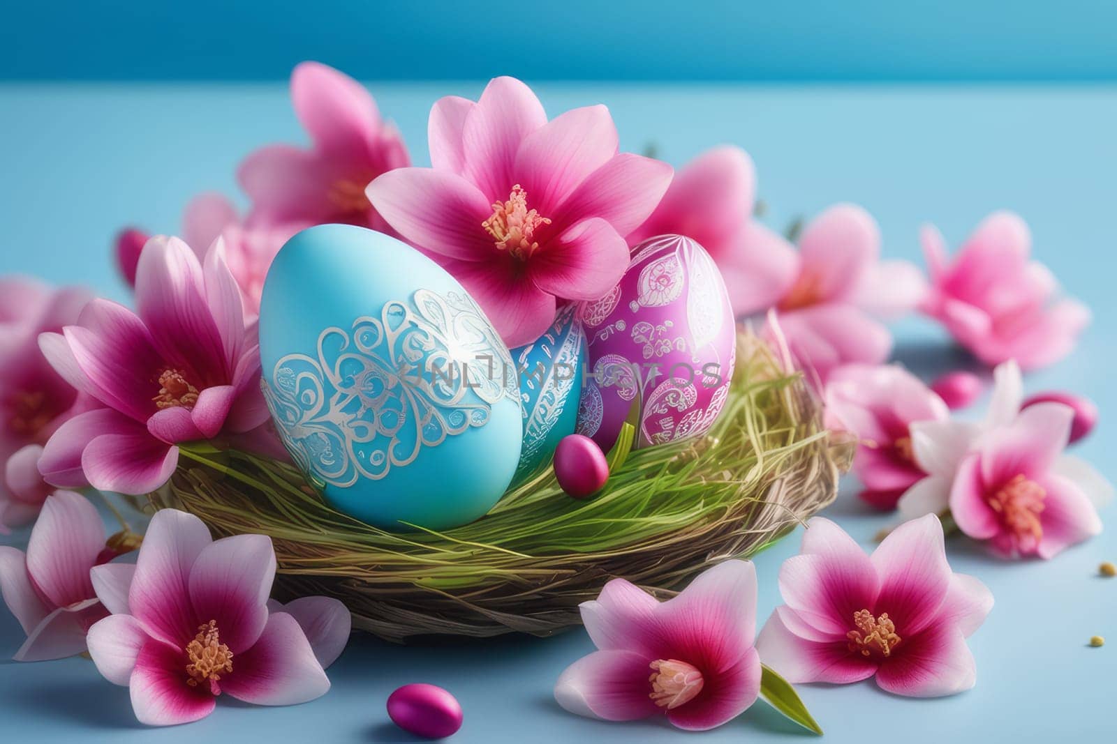 Colorful Easter eggs and blooming pink flowers on light blue background