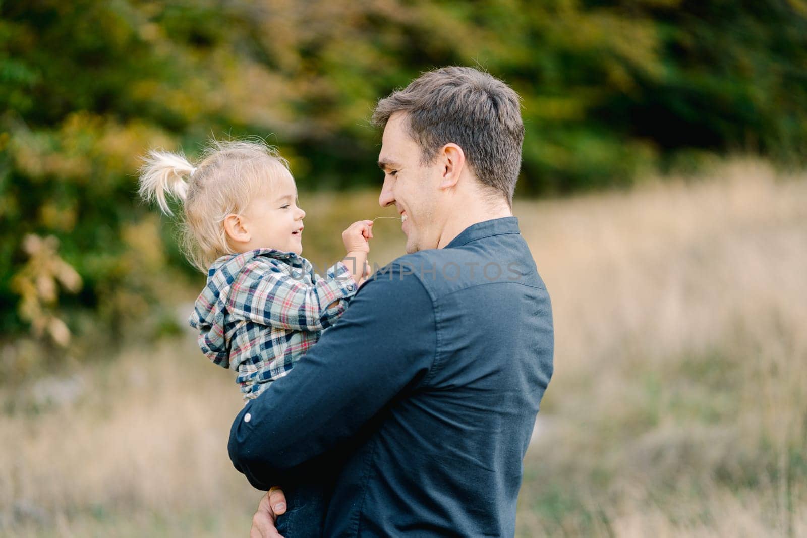 Little girl touches a blade of grass to the face of a smiling dad, sitting in his arms. Side view. High quality photo