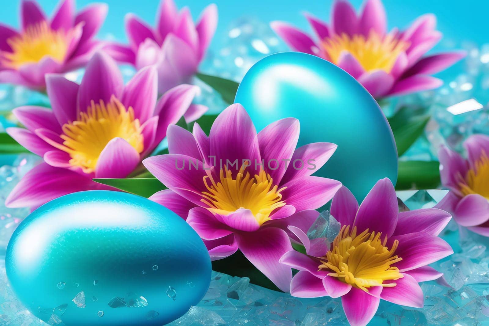 Colorful Easter eggs and blooming pink flowers on light blue background