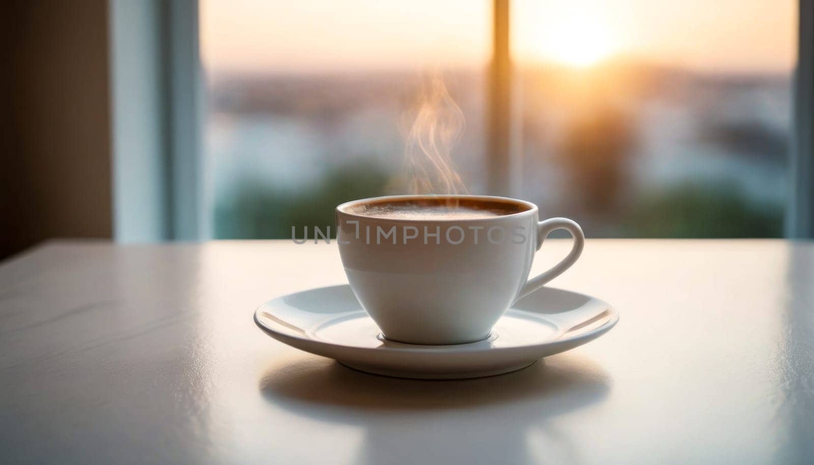 Morning Coffee: A white cup filled with steaming coffee rests on a clean white table, casting a subtle shadow. creating a serene morning scene