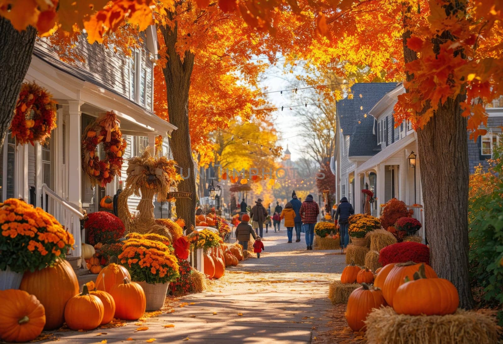 Enchanting rural town adorned with autumn-themed decorations