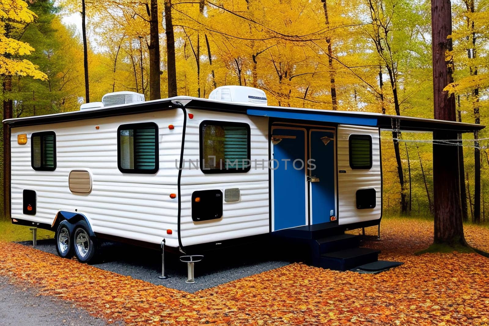 The trailer of the mobile home is camping in the fall, the concept of a family trip around the native country in a camper van or camper van and camping life