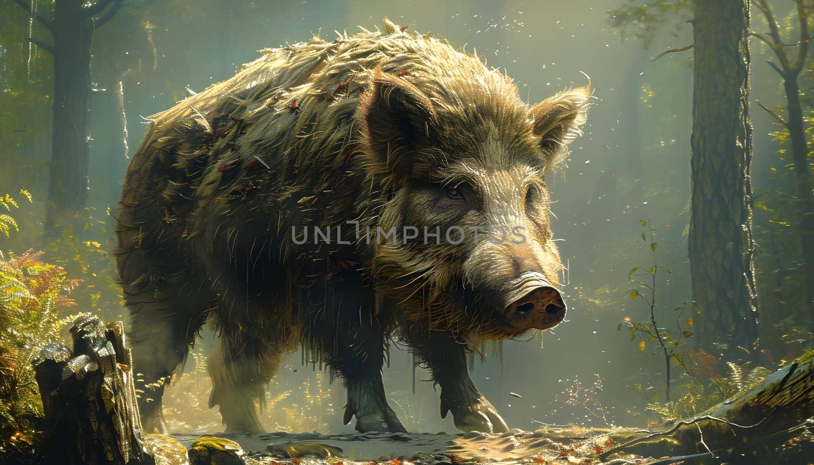 a wild boar is standing on a log in the woods by Nadtochiy