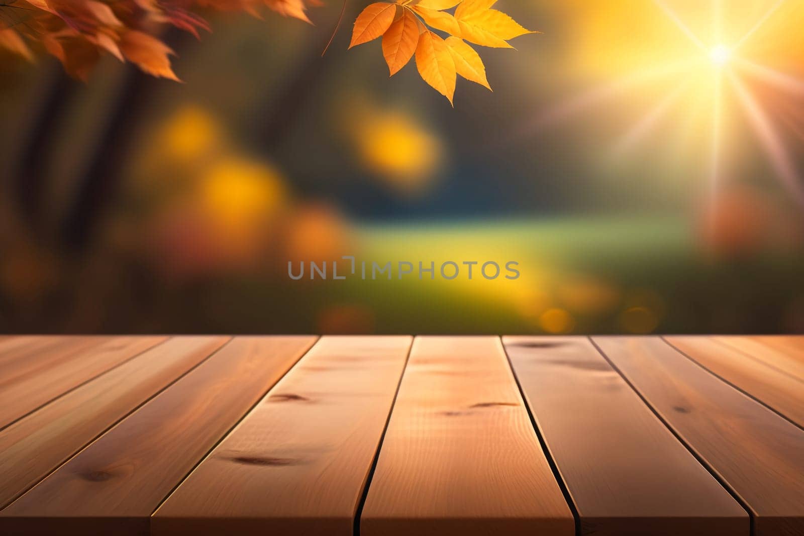 Empty wooden table in nature outdoor for free space for product, natural template with beauty bokeh and sunlight, beautiful autumn concept with nature outdoor