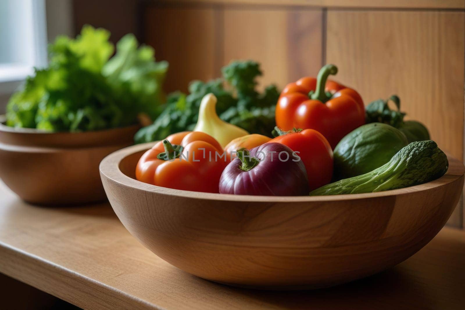 Witness a cornucopia of fresh vegetables in a wooden bowl resting on a kitchen counter, exuding the wholesome essence of homegrown and organic produce.