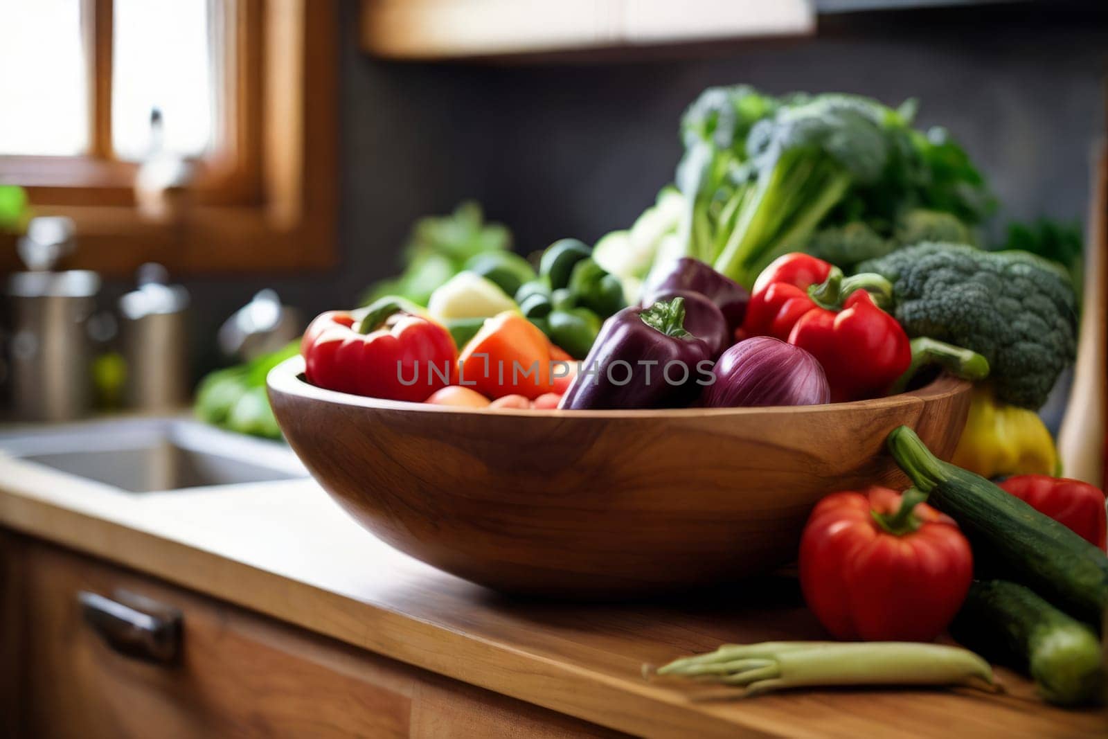 Witness a cornucopia of fresh vegetables in a wooden bowl resting on a kitchen counter, exuding the wholesome essence of homegrown and organic produce.