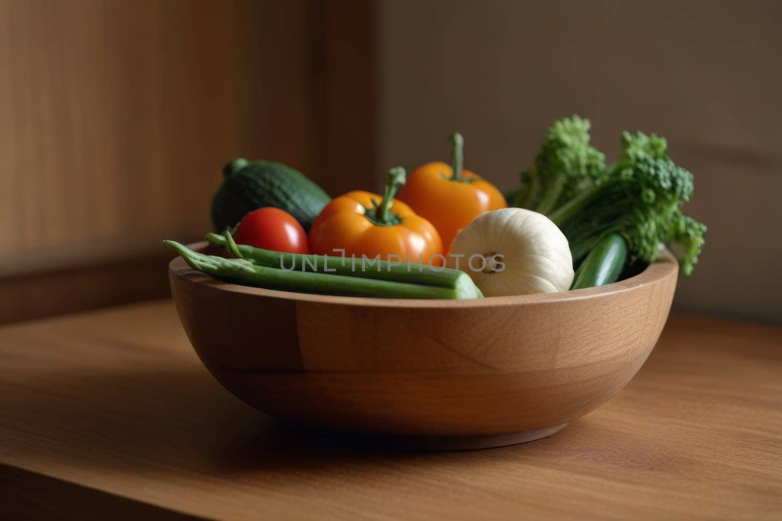 Explore the allure of fresh vegetables nestled in a wooden bowl on a kitchen counter, embodying the charm of homegrown and organic goodness.