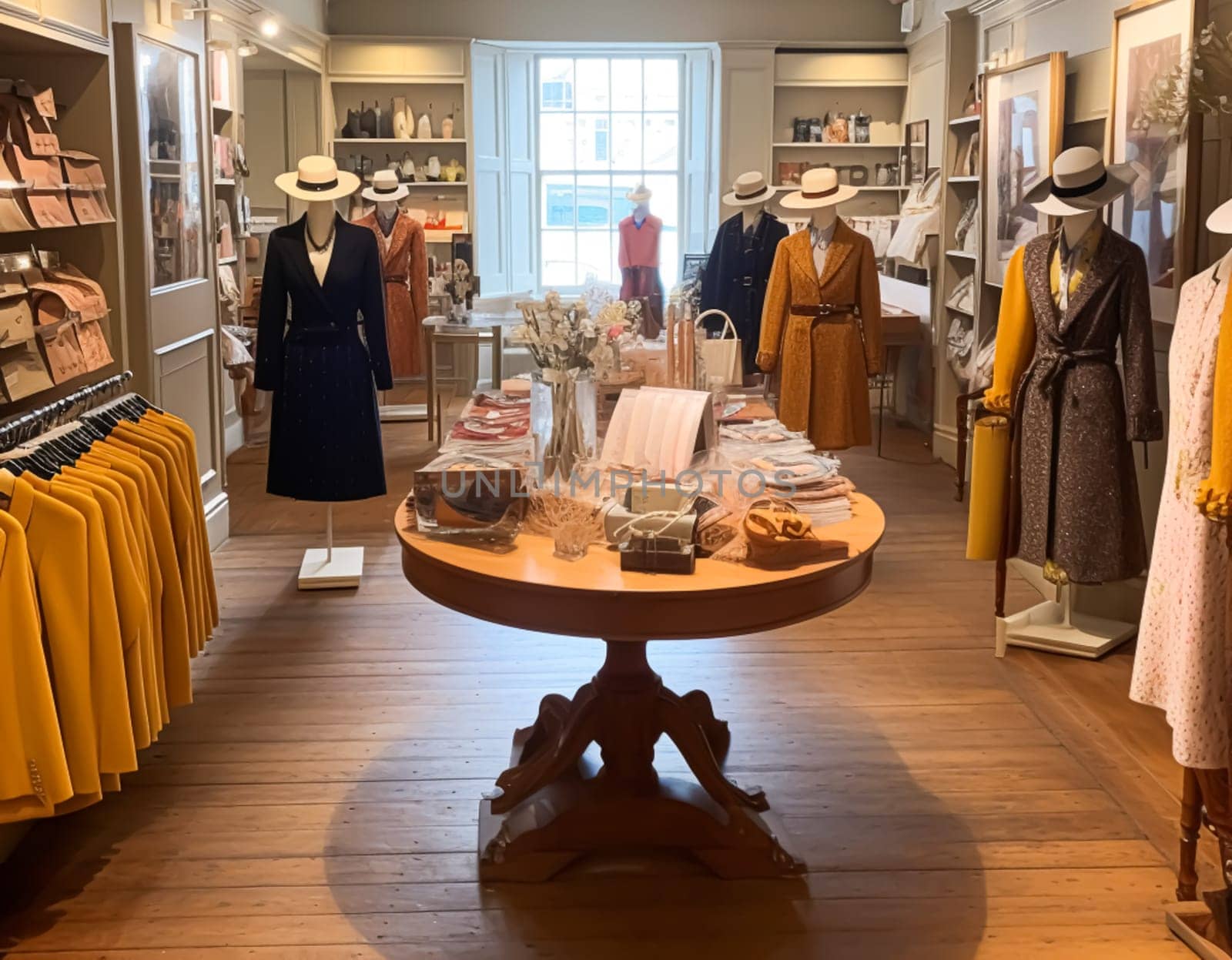 High street retail, small business and commercial interior, fashion store in the English countryside style, elegant country clothing shop showroom and luxurious boutique in the old town, post-processed, generative ai