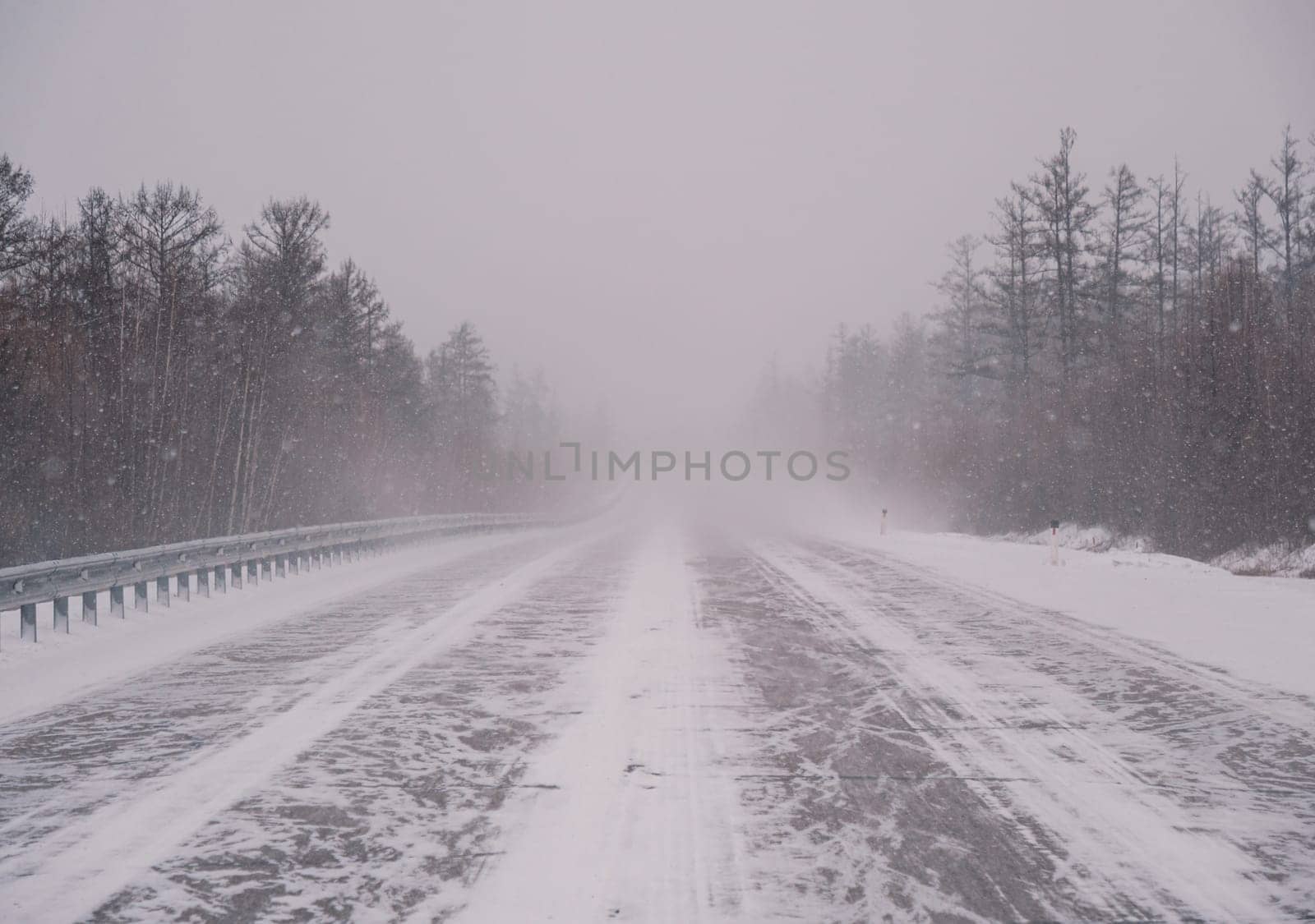 Snow-covered highway through forest during intense winter storm in daytime by Busker