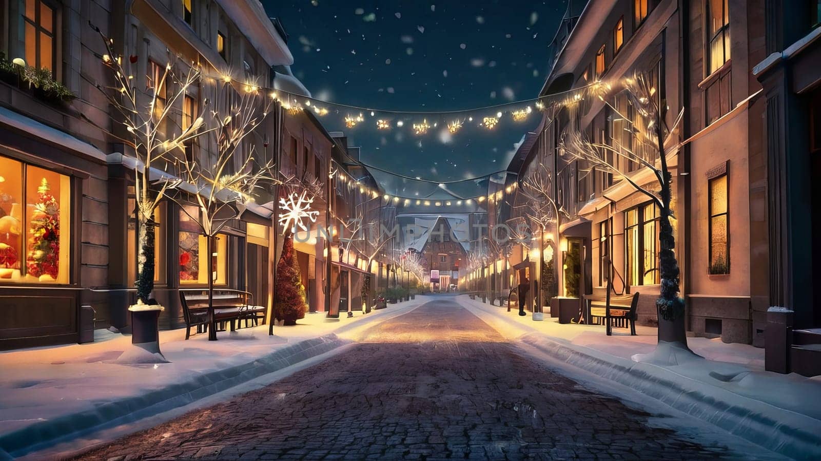 Festive winter wonderland street adorned with twinkling lights and festive décor