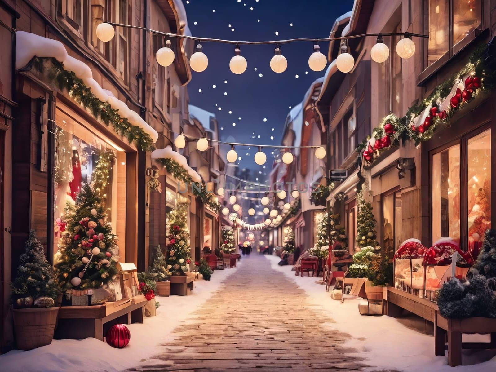 Enjoy a cozy shopping street lit up with festive decorations and lights during winter