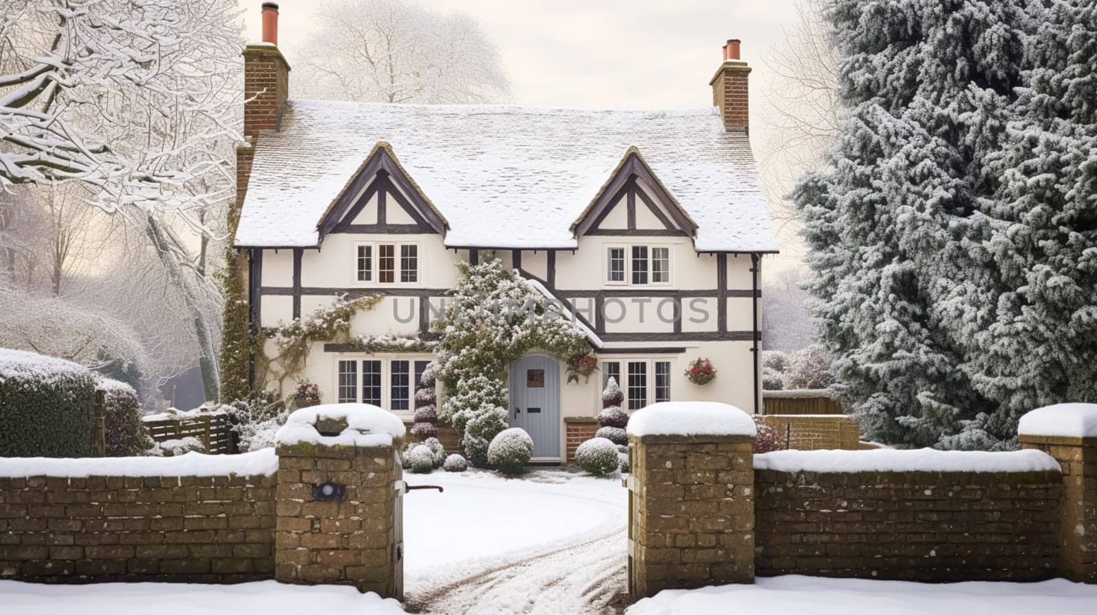 Beautiful country cottage decorated for Christmas on a snowy winter day, holiday and celebration, post-processed, generative ai