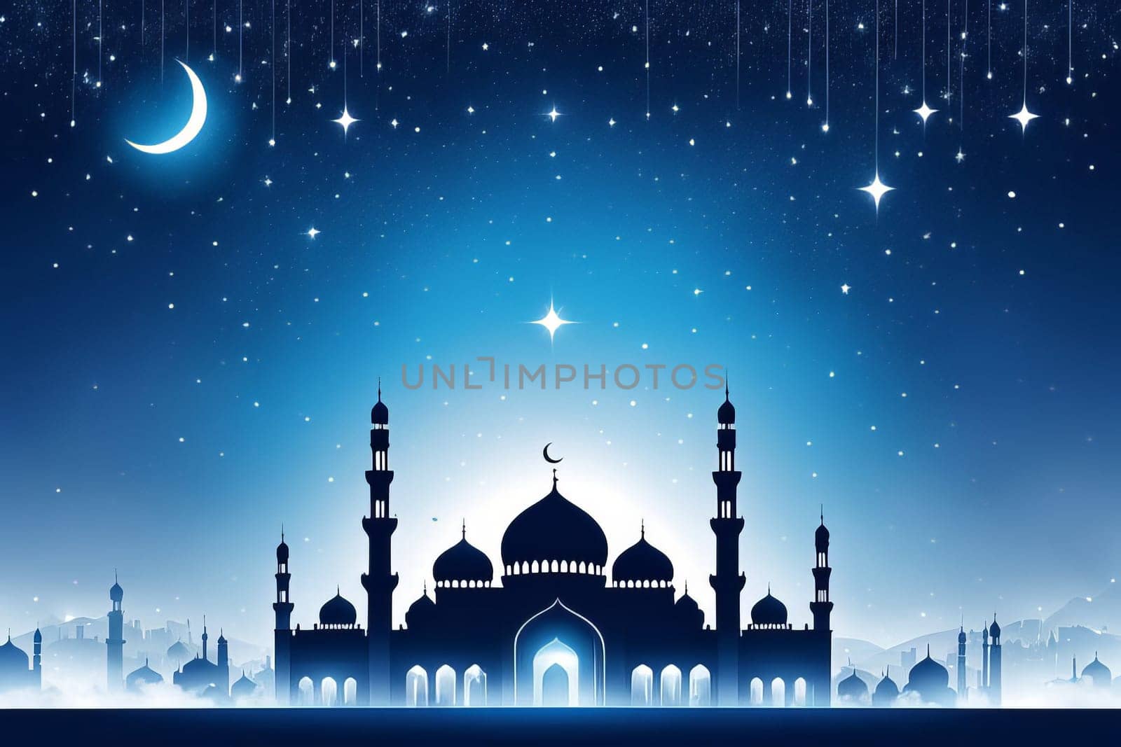 Eid AlFitr-themed illustration with a serene blue and white color palette. A mosque silhouette rises in the misty sky, embellished with shimmering stars