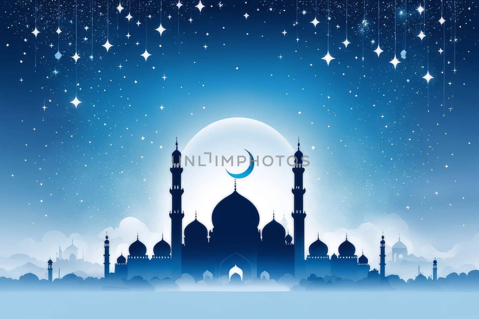 Eid AlFitr-themed illustration with a serene blue and white color palette. A mosque silhouette rises in the misty sky, embellished with shimmering stars