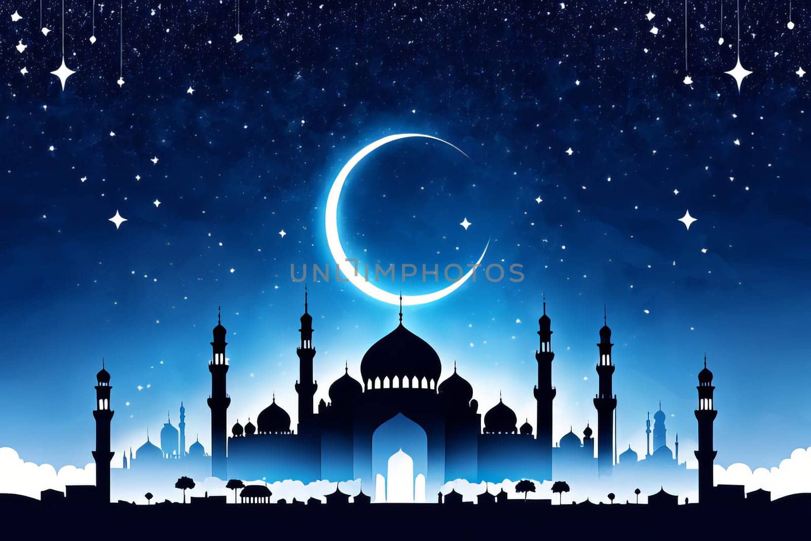 Blue and white Eid AlFitr illustration featuring a mosque silhouette against a foggy sky, adorned with twinkling stars