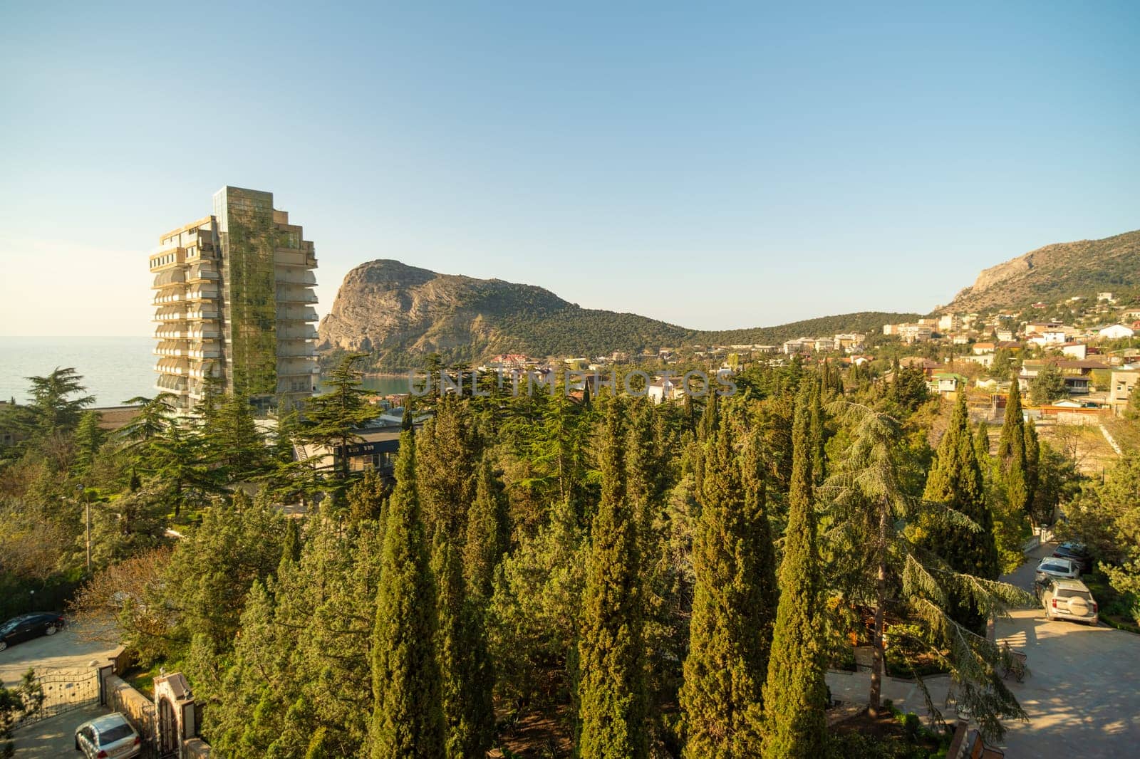 A view of a city with a large building in the background. The trees are green and the sky is blue