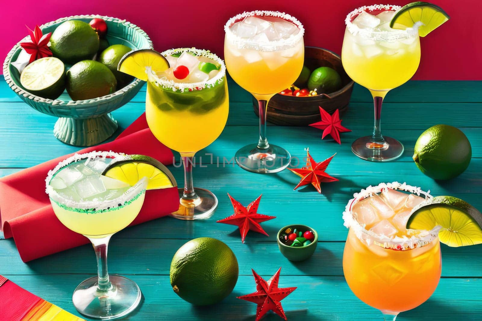 A vibrant and colorful display of cinco de mayo cocktails surrounded by festive decorations, creating a perfect setting for a celebratory fiesta or party