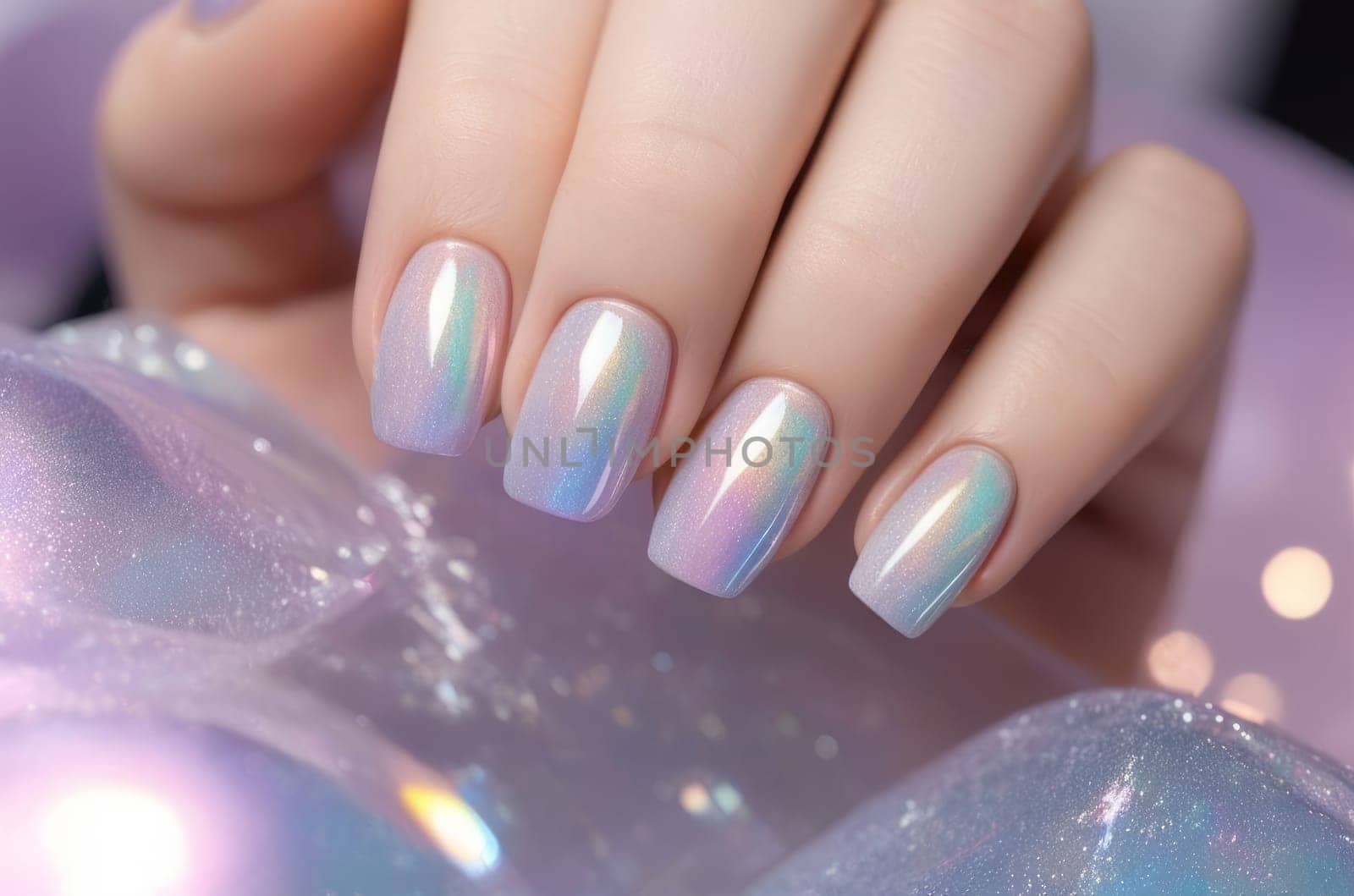 Close-up view of holographic manicure with sparkling gradient colors