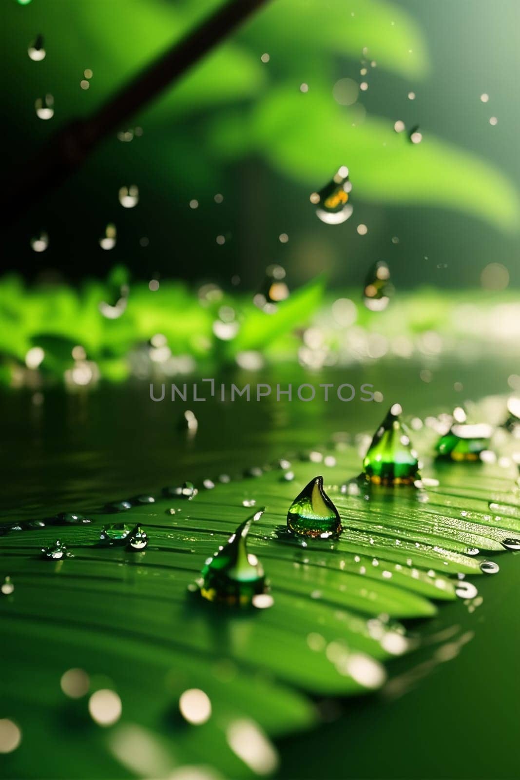 Drops of water on the green leaves of the plant. Macro shooting