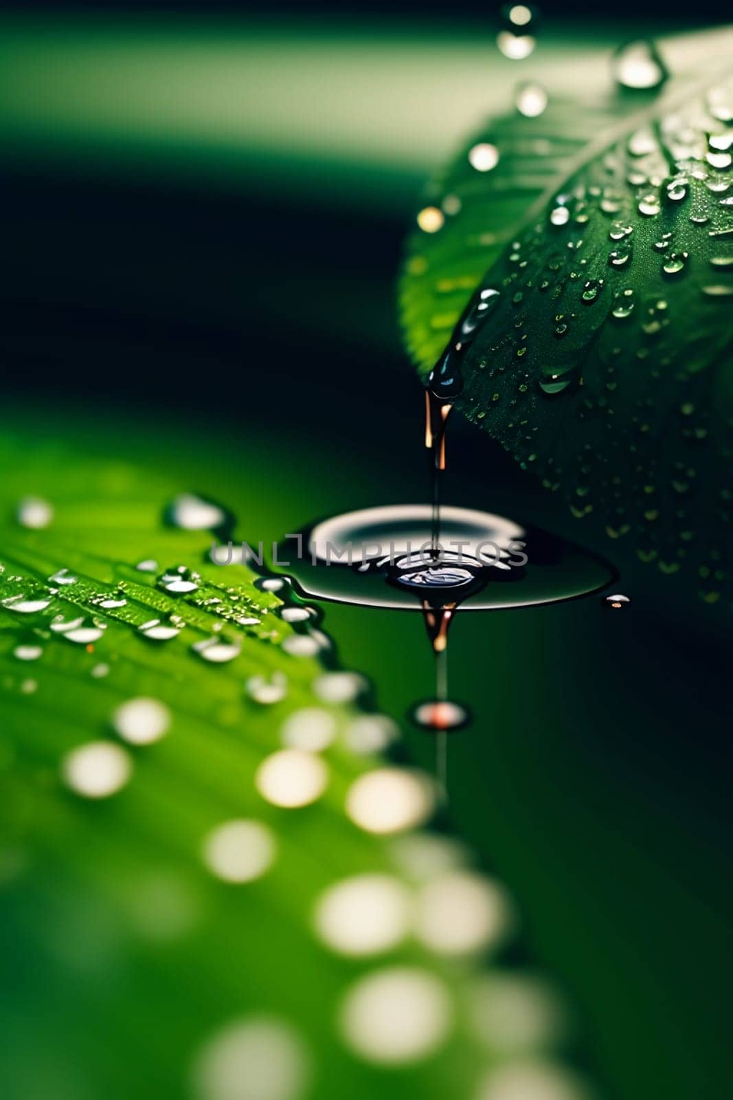 Drops of water on the green leaves of the plant. Macro shooting