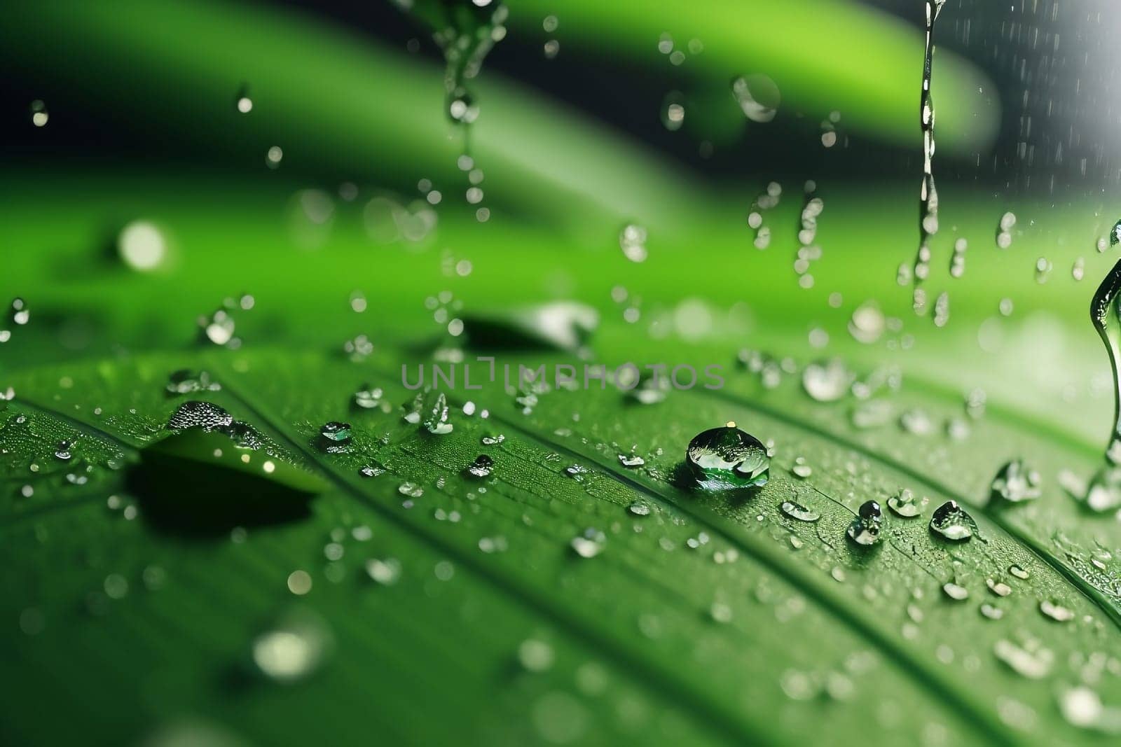 Drops of water on the green leaves of the plant. Macro shooting