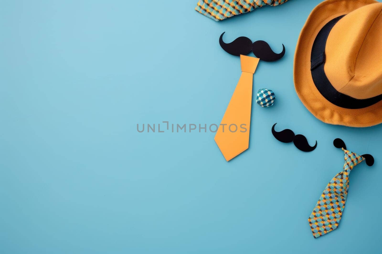 Stylish accessories and mustache on blue background with copy space for business fashion and beauty concept