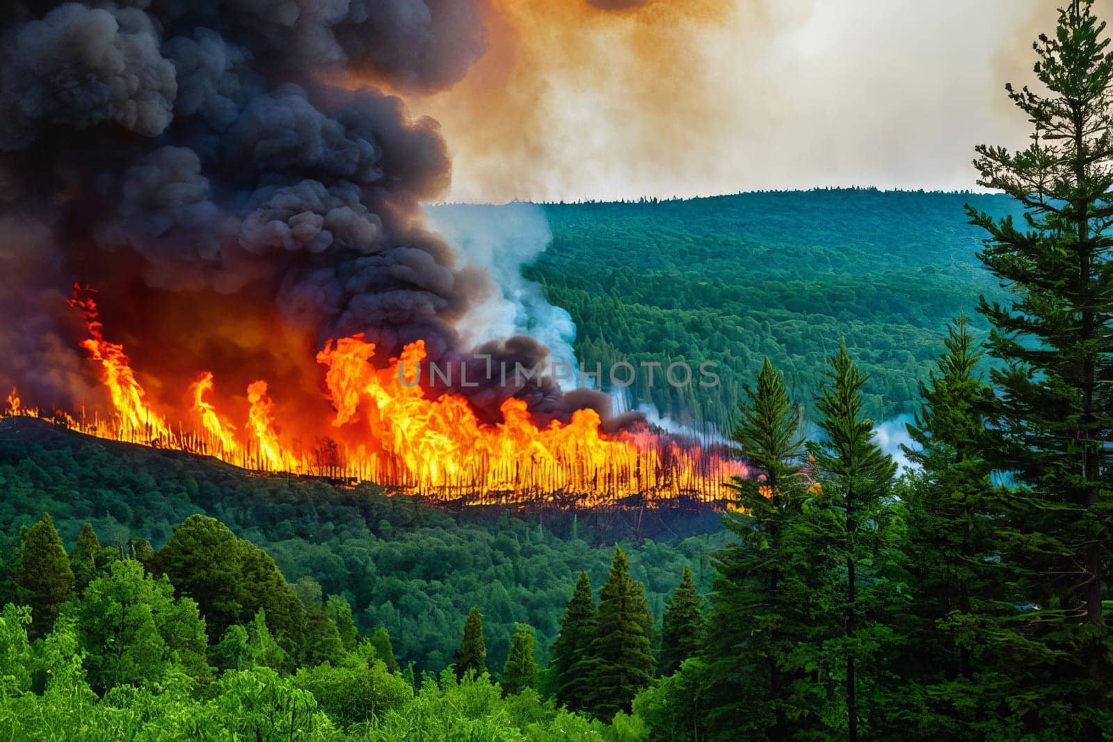 A raging wildfire burns through a forest in California, threatening homes and wildlife. Firefighters are on the scene, working to contain the blaze and prevent it from spreading.