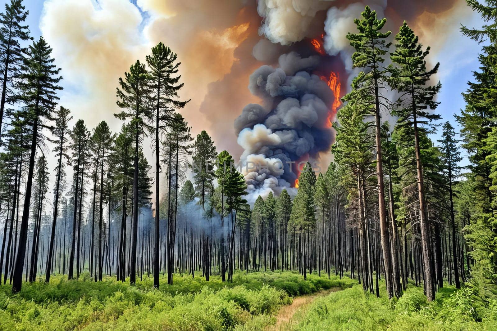 A raging wildfire burns through a forest in California, threatening homes and wildlife. Firefighters are on the scene, working to contain the blaze and prevent it from spreading.