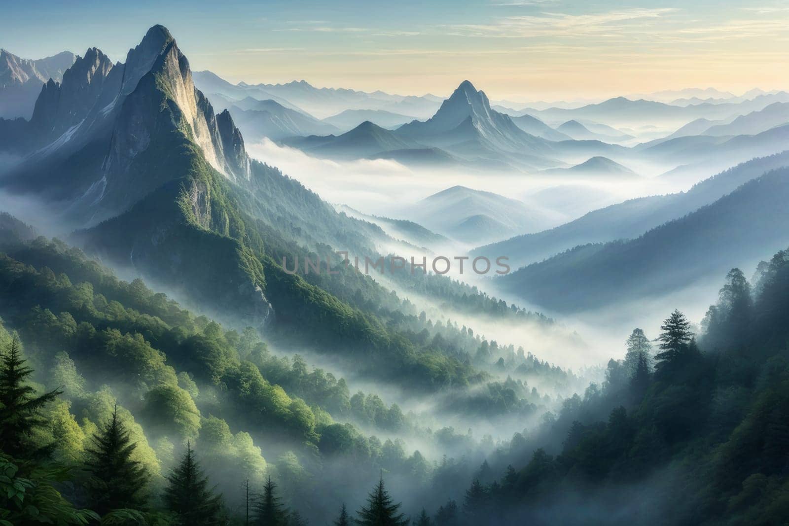 Beautiful landscape with fog in the mountains and forest. Natural background. Early morning mist.