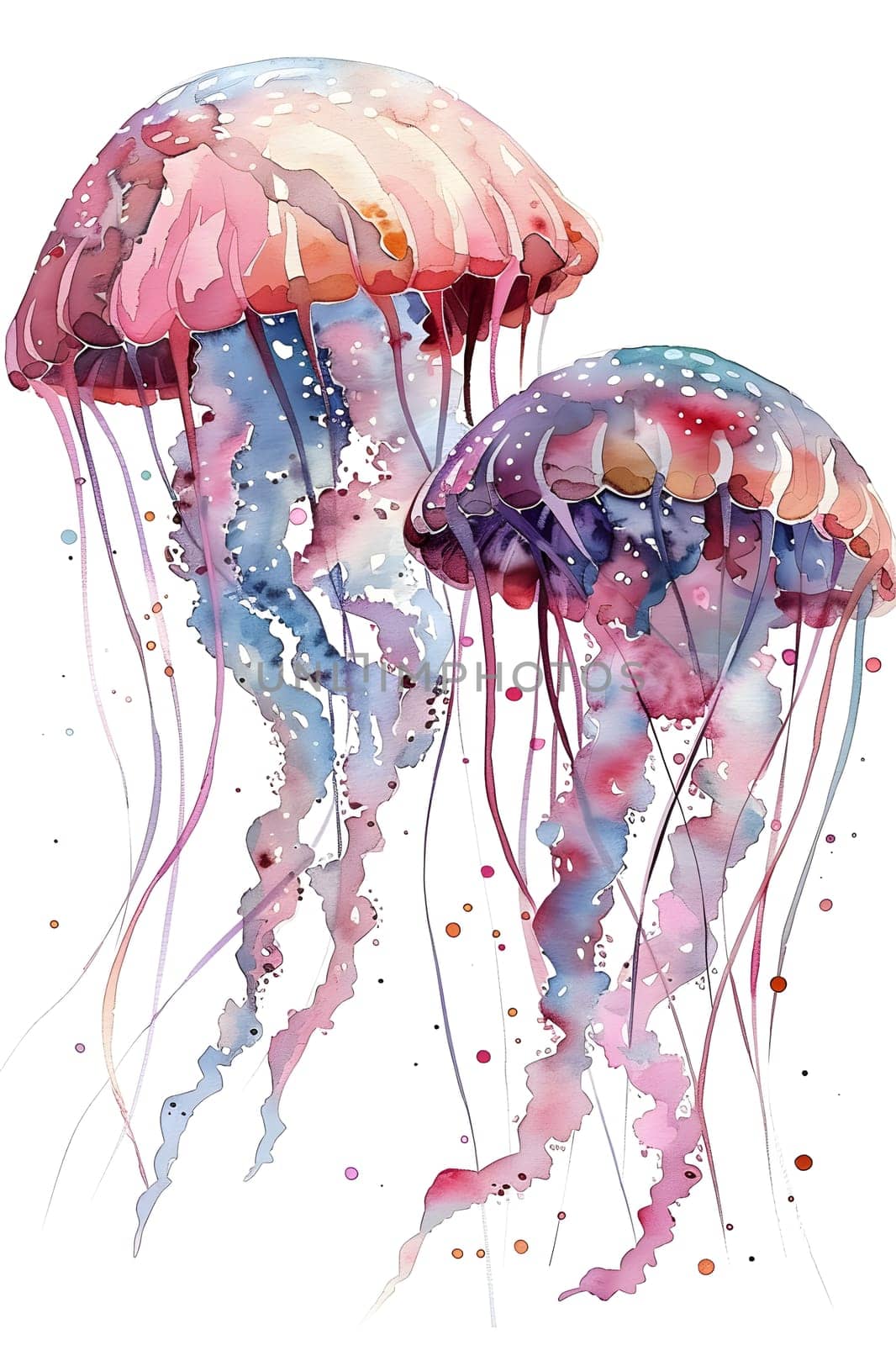 A vibrant watercolor painting illustrating two colorful jellyfish, one in electric blue and the other in magenta, set against a pristine white background