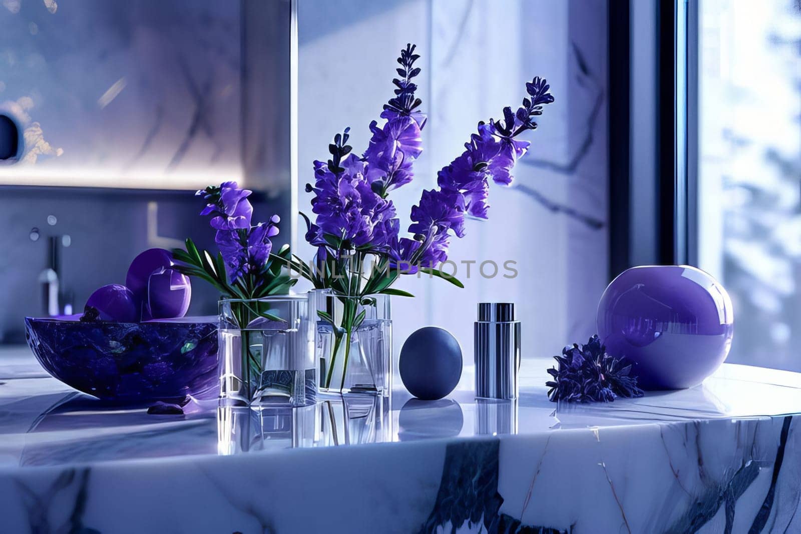 Cozy corner in a stylish bathroom with a bouquet of lavender on a marble countertop. Aroma of luxury