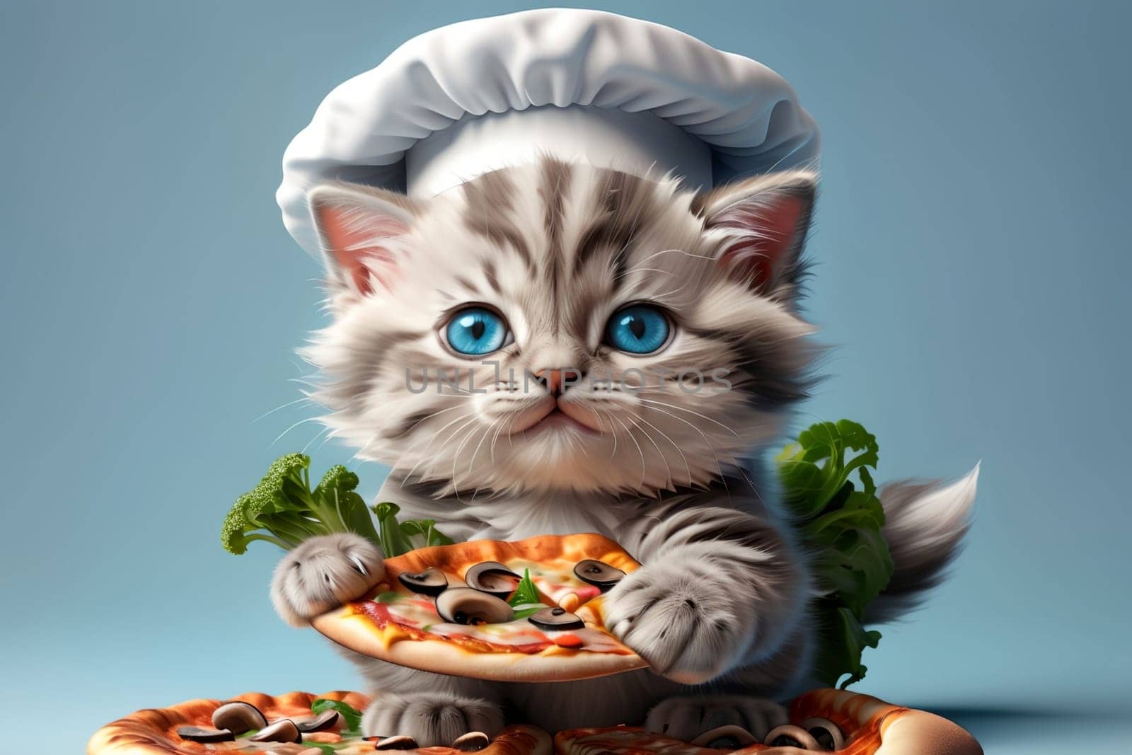 Professional chef, cute cat in a chef's hat prepares pizza .