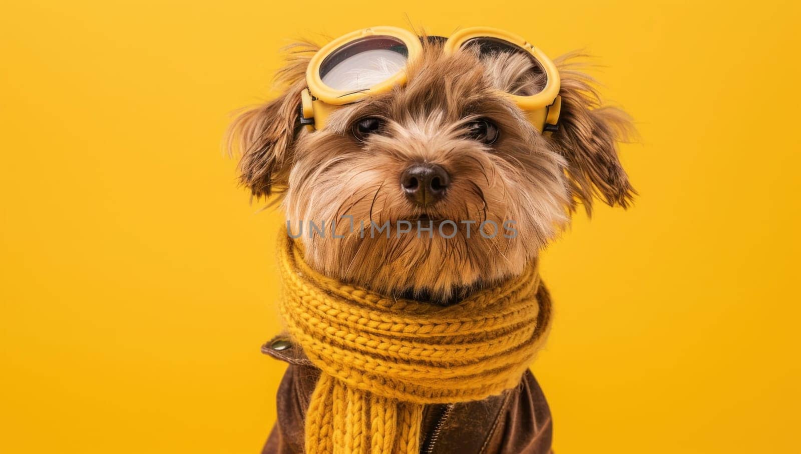 Cute yorkshire terrier dog wearing goggles and scarf on yellow background for travel and fashion concept