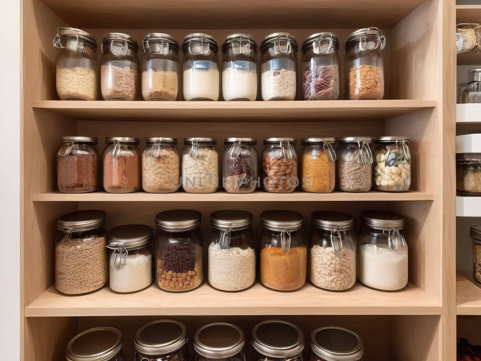 Efficient sustainable pantry organization with glass jars on rustic wooden shelves