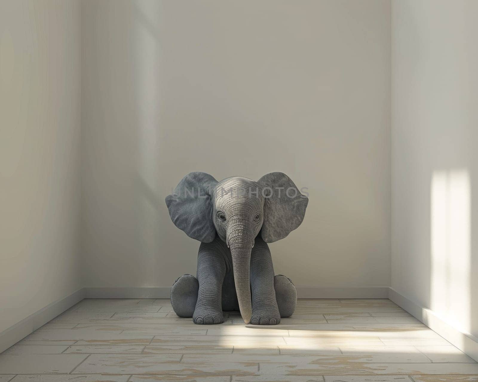 A small elephant statue is sitting in a room with white walls. The elephant is looking at the camera, and the room is empty