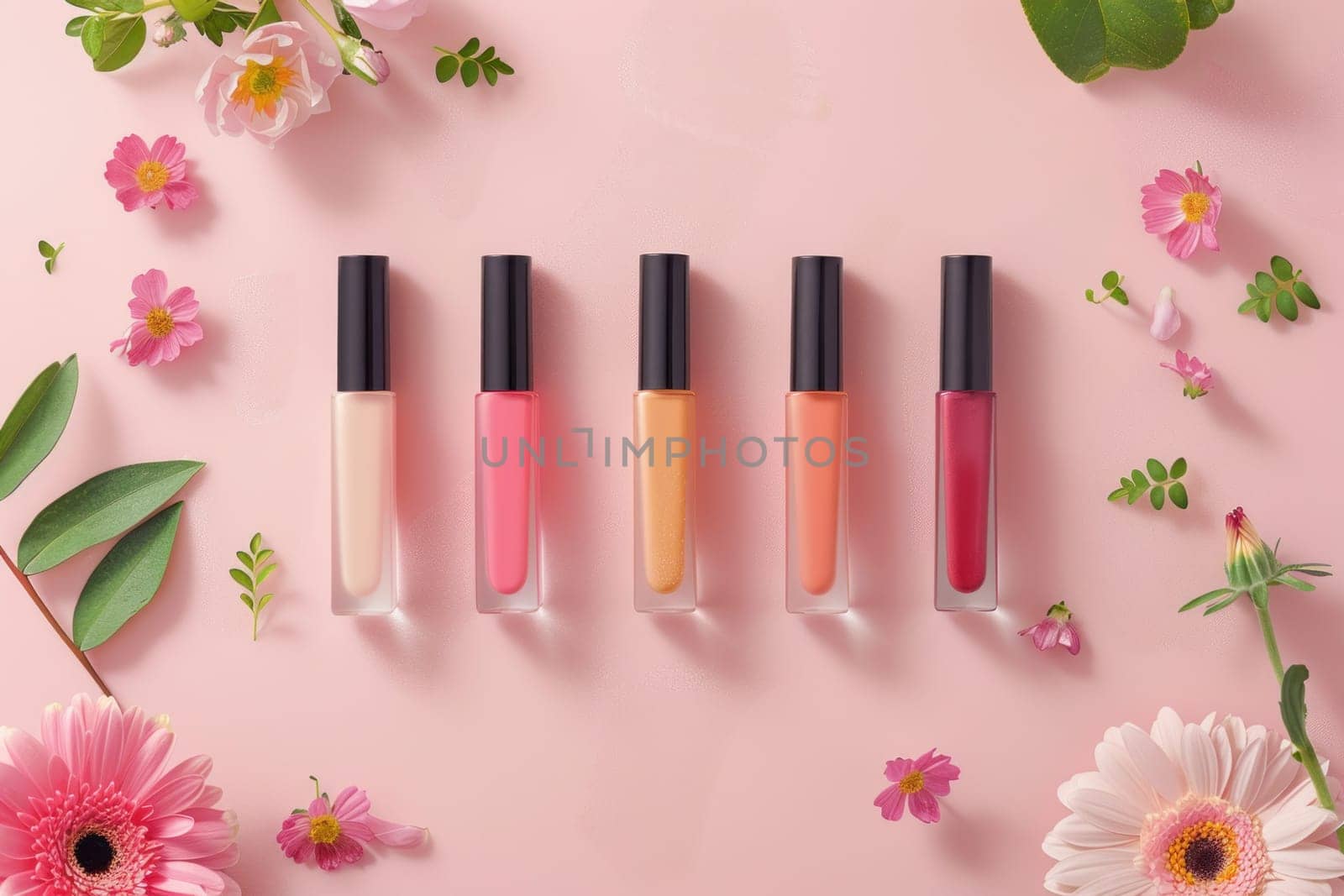 Glossy lip products displayed with pink flowers on a background of elegance and beauty