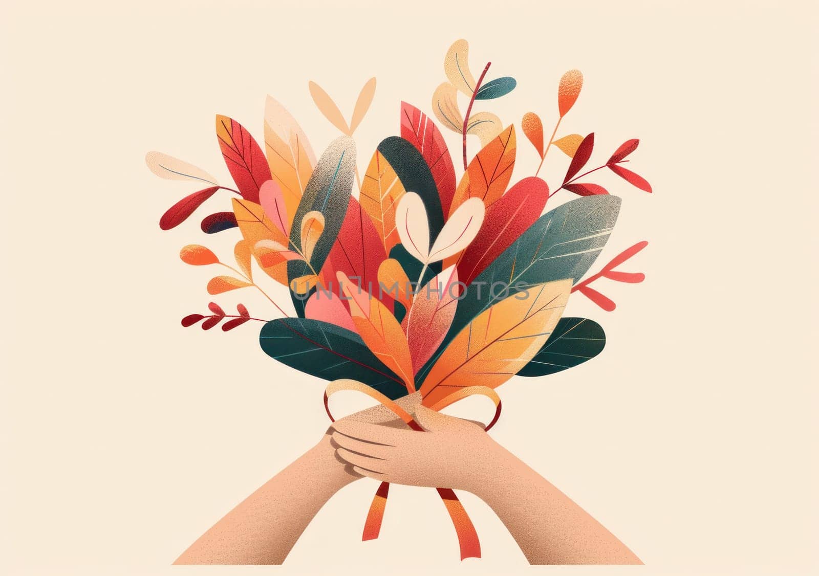 Floral bouquet of leaves and flowers on light beige background for beauty and art concept