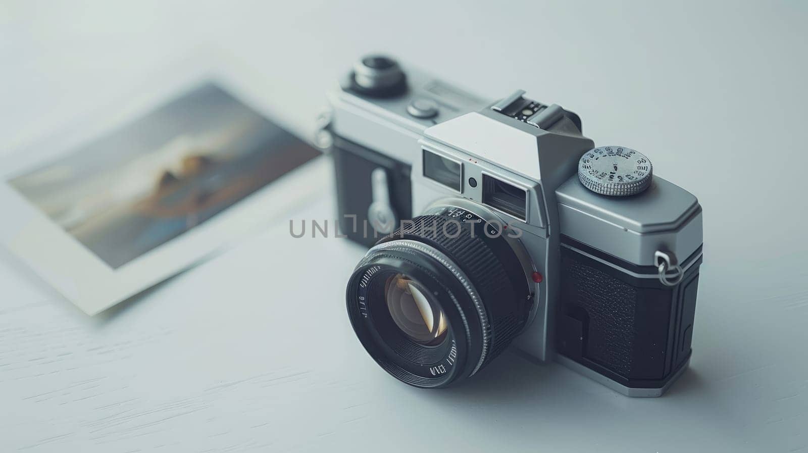 A silver camera sits on a table next to a picture, Memories from photographs.