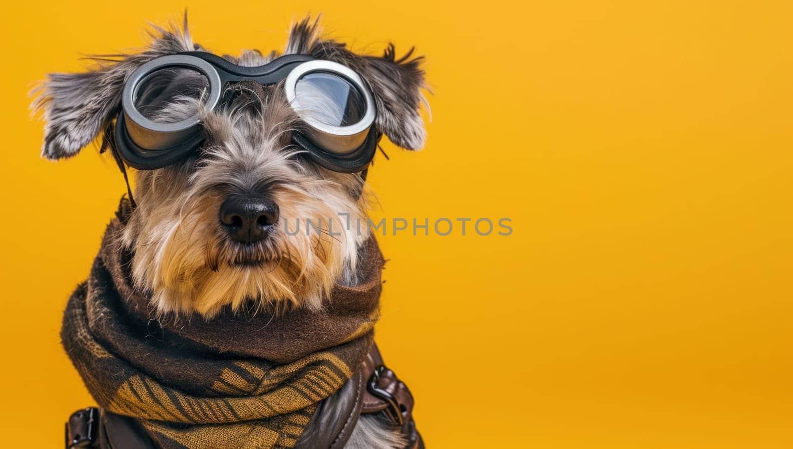 Dog in goggles and vintage scarf fashionable canine travel accessories on orange background