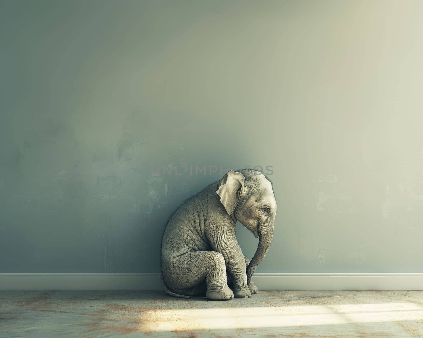 A small elephant statue is sitting in a room with white walls. The elephant is looking at the camera, and the room is empty