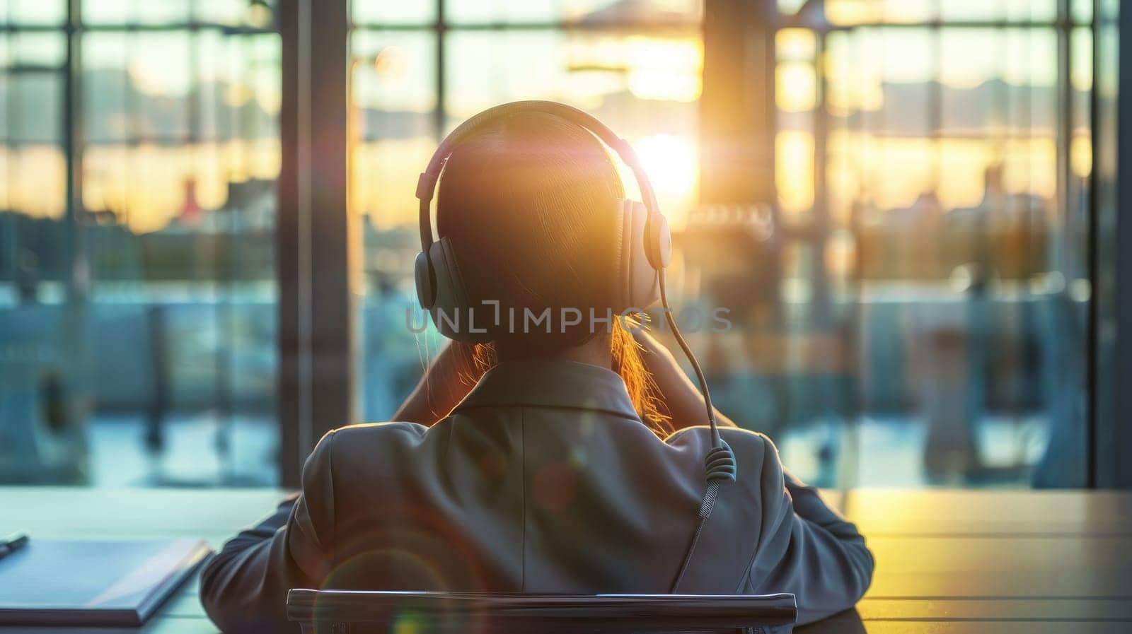 A woman wearing headphones working in the office, enjoy good quality sound, stress free concept.